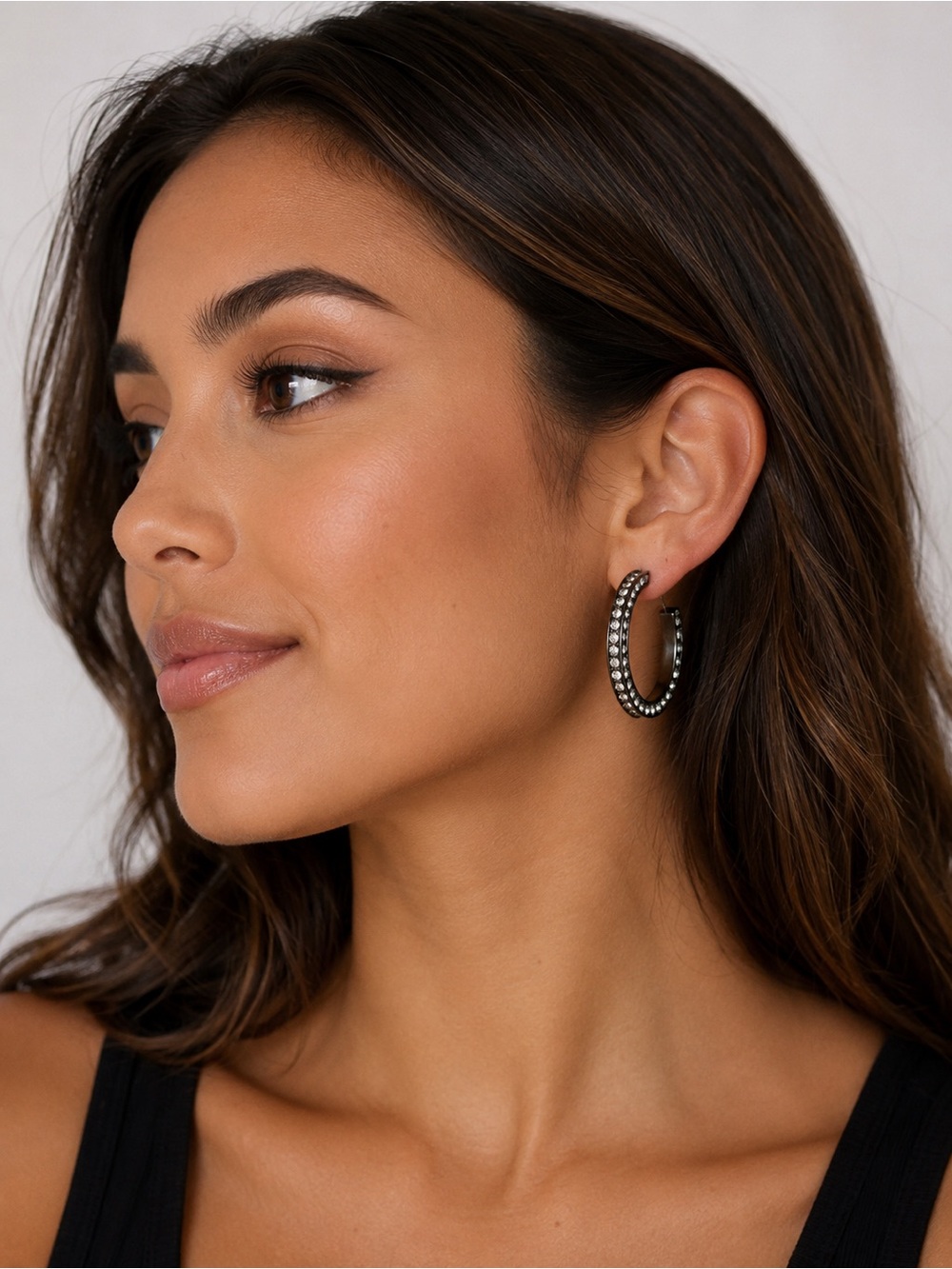 Rhinestone Hoop Earrings Gunmetal Double Row Sparkle Statement